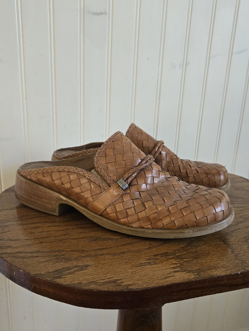 Woven Leather  Western Slip-On Mules in Brown